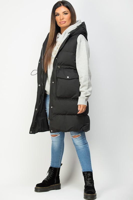 Black Padded Gilet With Drawstring Waist Longline