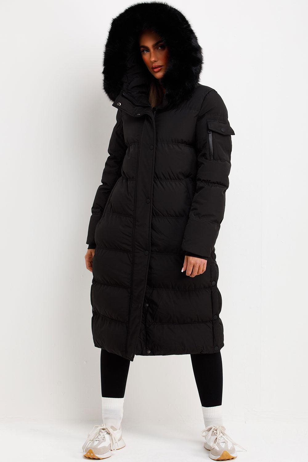 Long Puffer Coat With Fur Hood Black