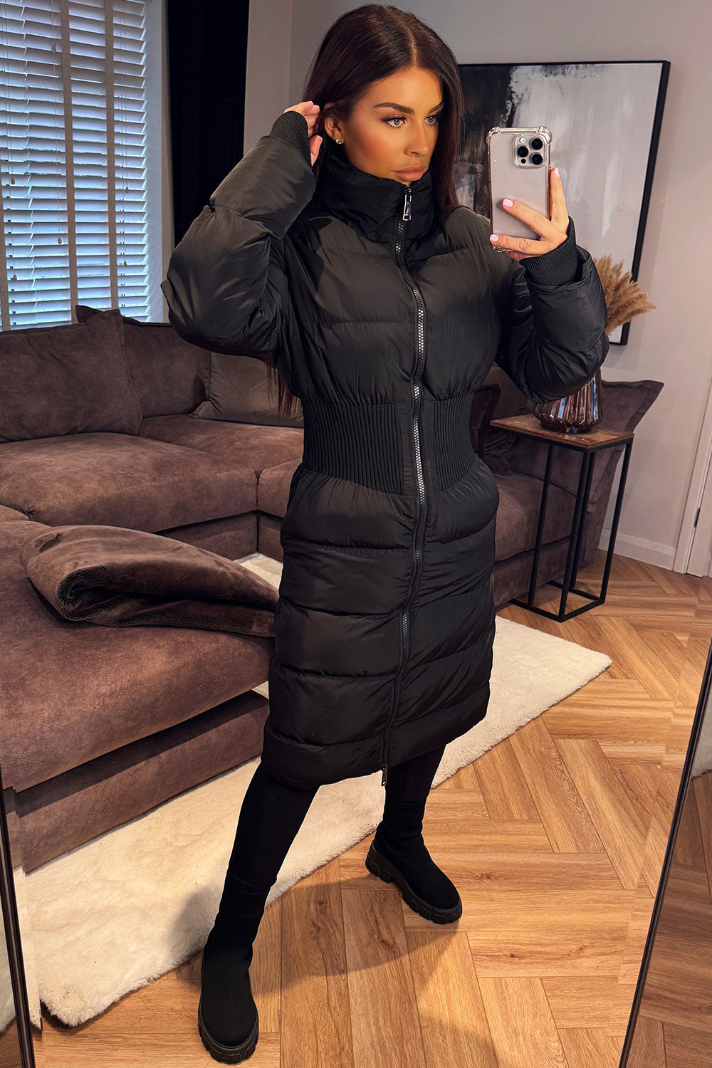 Puffer Padded Winter Coat With Contour Structured Detail Black