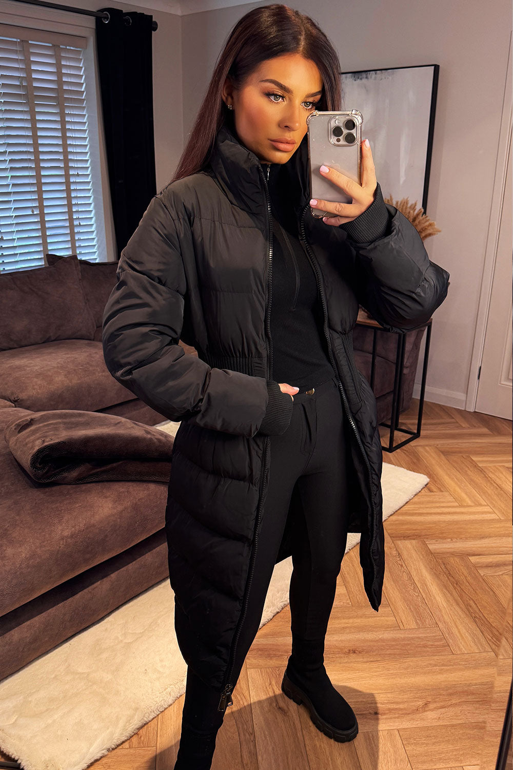 Puffer Padded Winter Coat With Contour Structured Detail Black