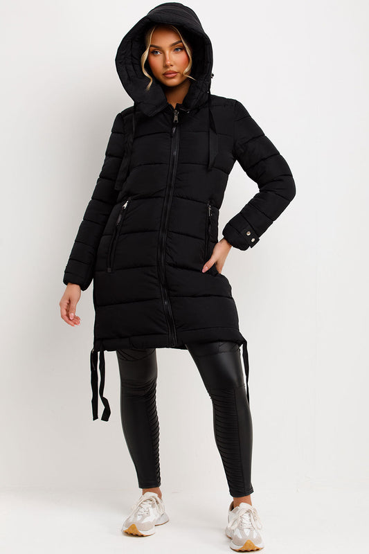 Long Puffer Coat With Hood And Side Straps Black