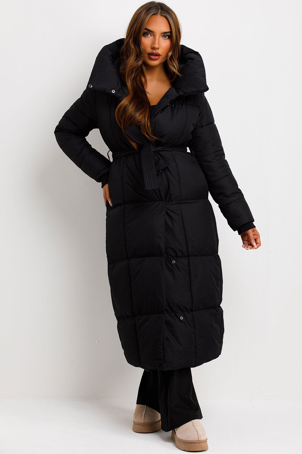 Long Puffer Coat With Hood And Belt Black