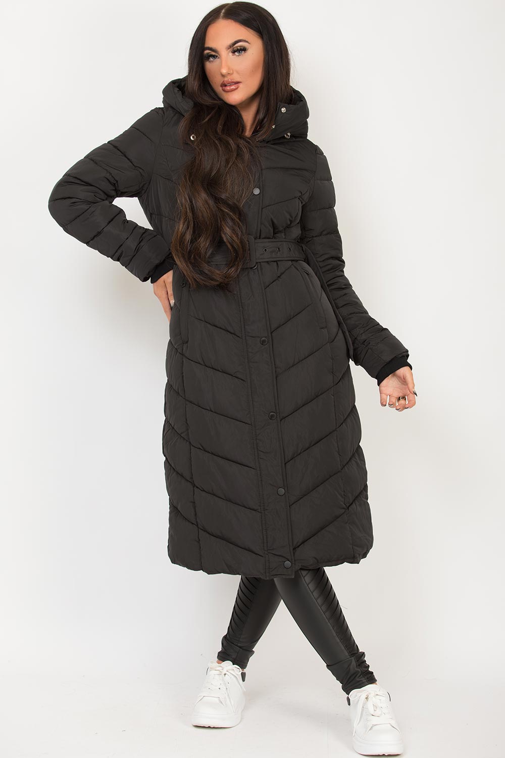 Long Padded Puffer Coat With Belt Black