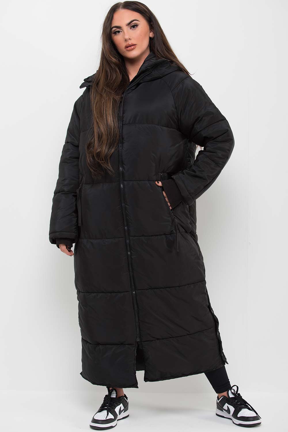 Black Long Puffer Padded Coat With Hood