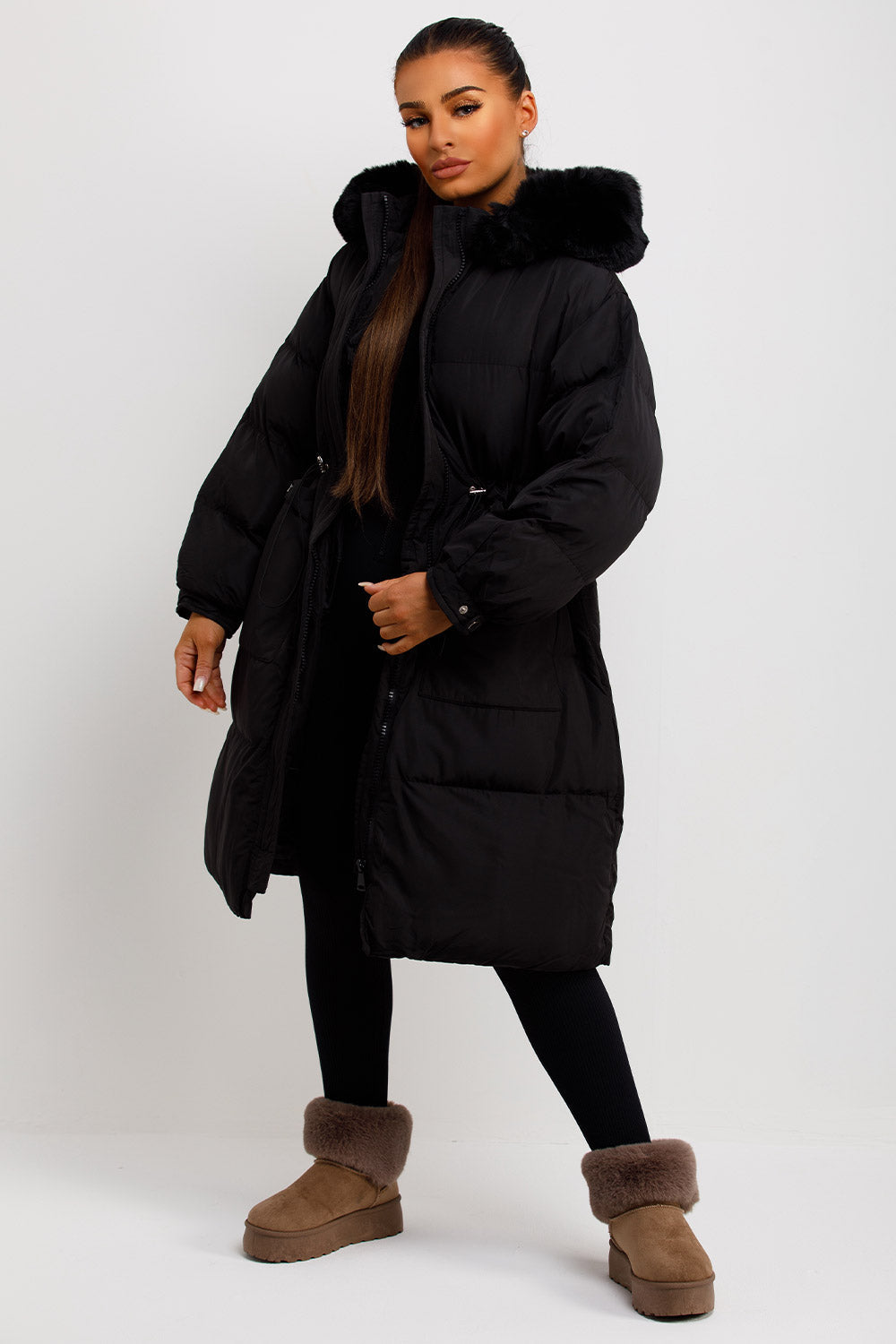 Long Black Puffer Coat With Faux Fur Hood And Drawstring Waist