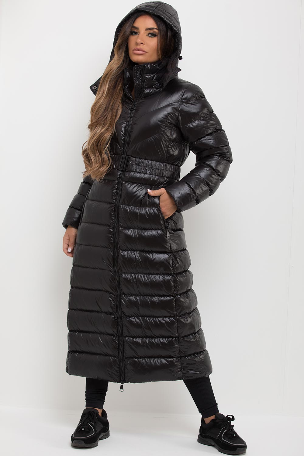 Black Longline Puffer Padded Jacket With Hood & Belt