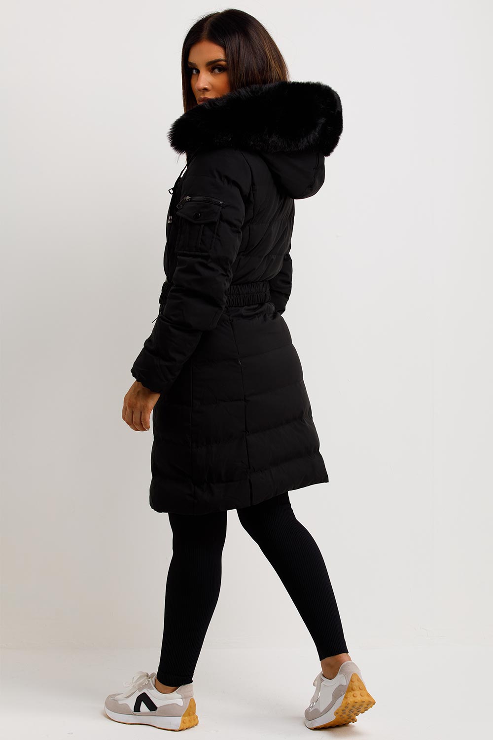 Long Puffer Coat With Fur Hood And Belt Black