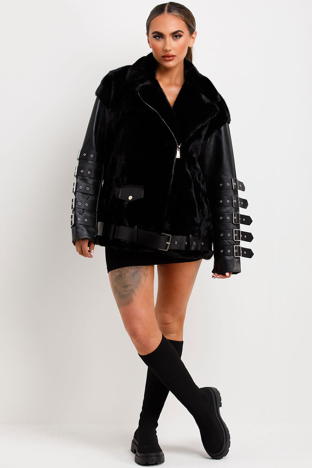 Faux Fur Faux Leather Aviator Jacket With Strap Sleeve Detail Black