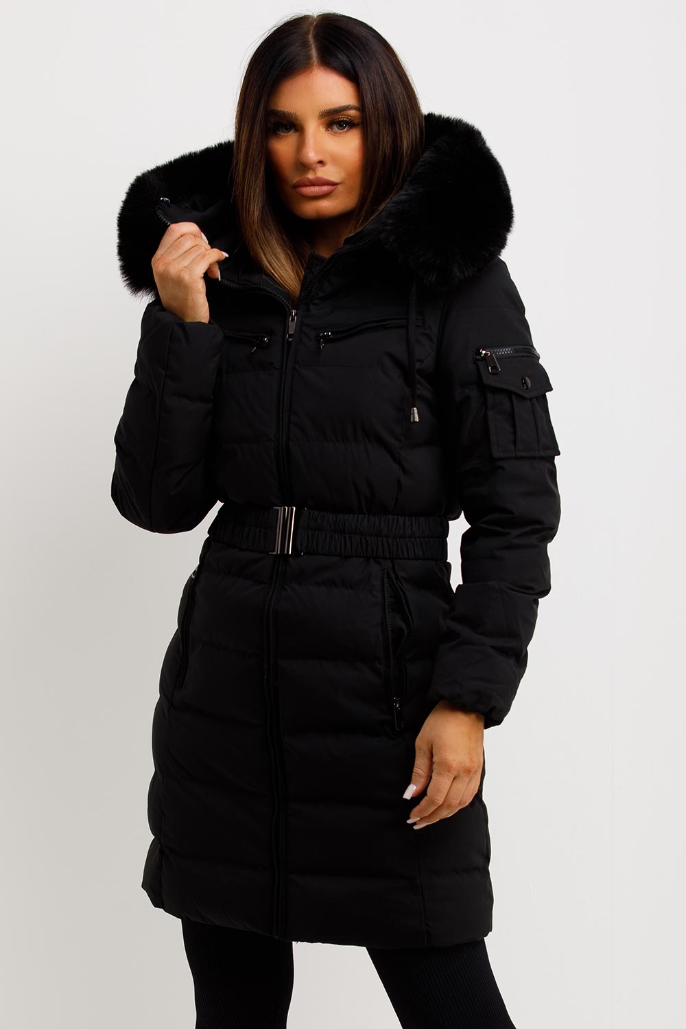 Long Puffer Coat With Fur Hood And Belt Black