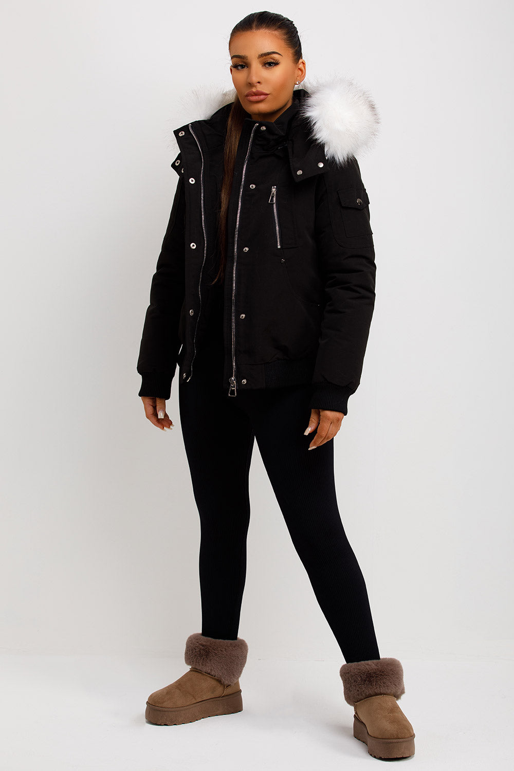 Canada Bomber Jacket With Faux Fur Hood Black