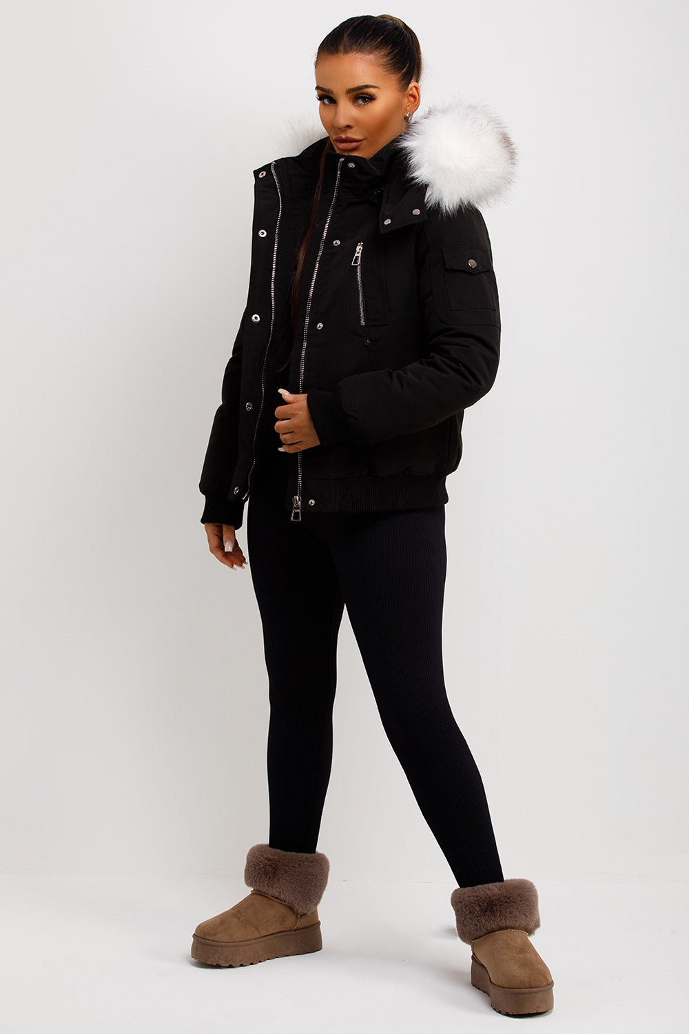 Canada Bomber Jacket With Faux Fur Hood Black