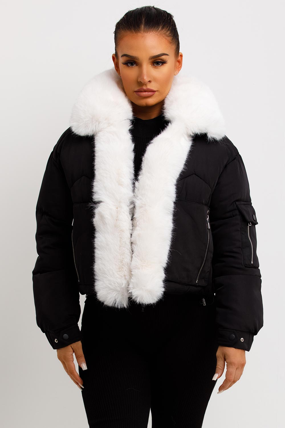 Puffer Jacket With Fur Trim Black