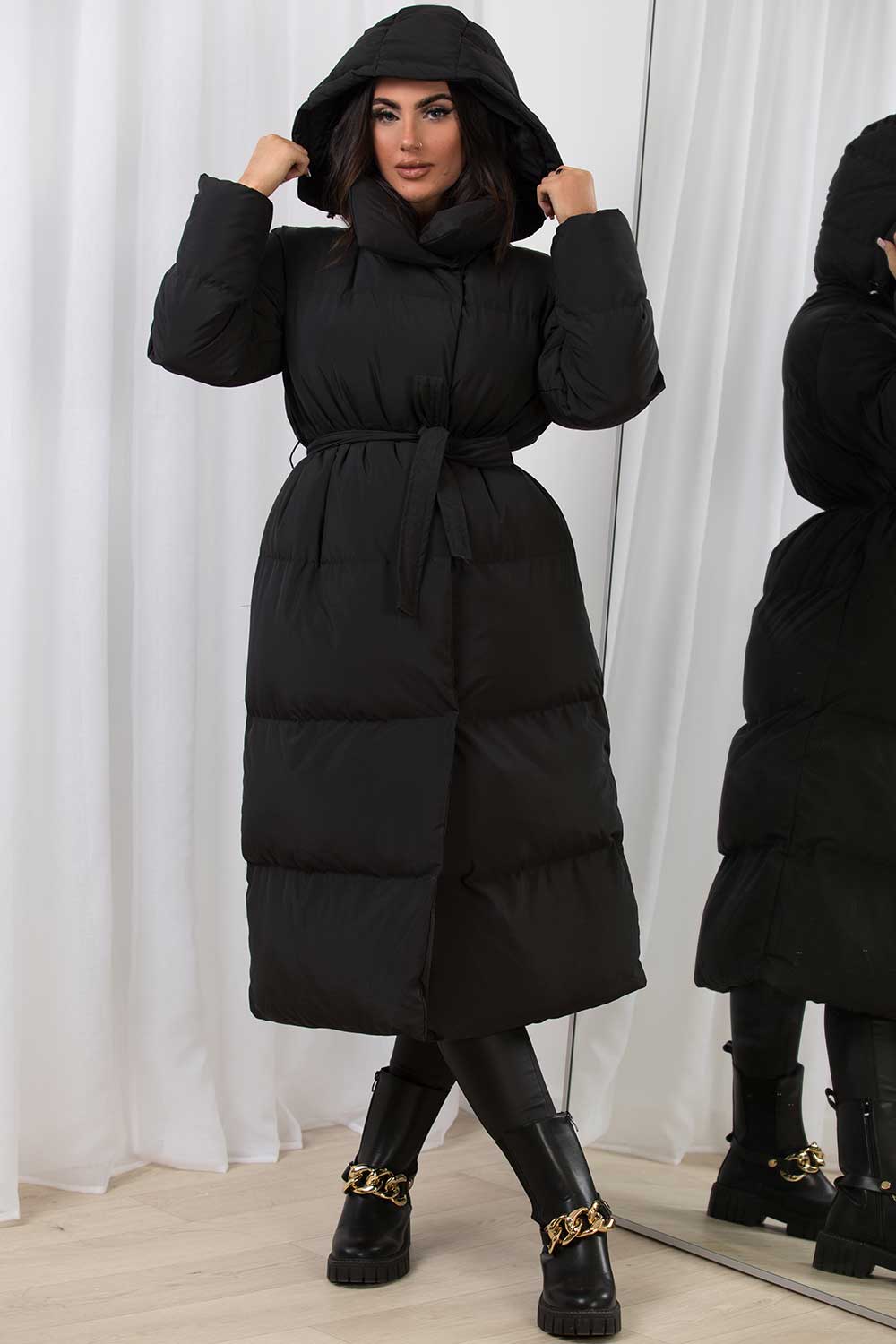 Black Long Duvet Coat With Hood