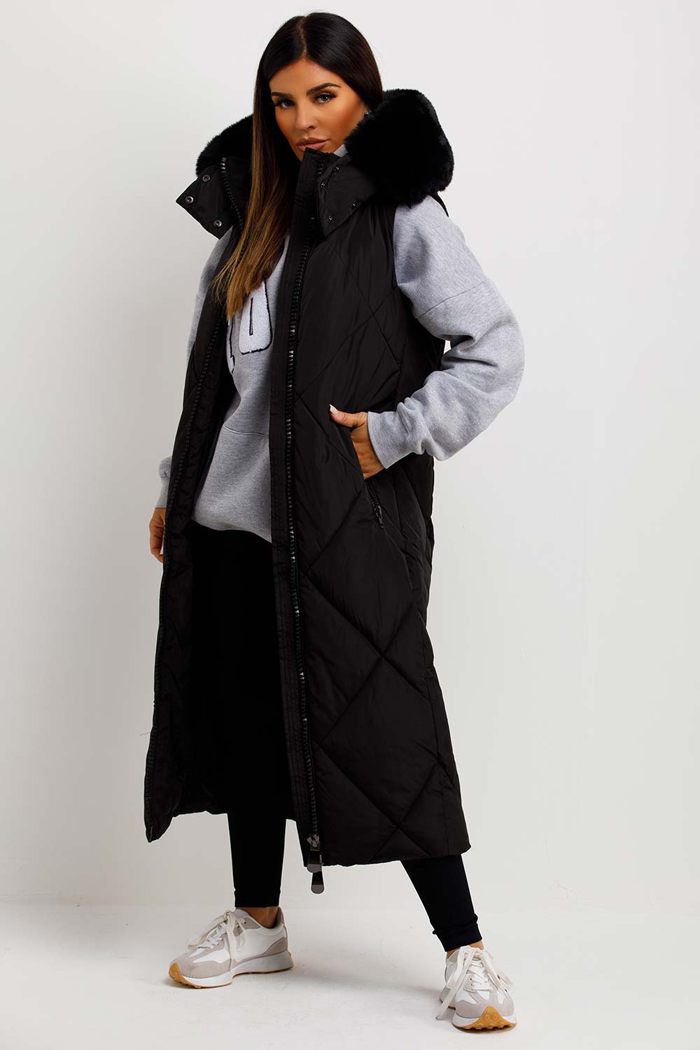 Black Long Puffer Gilet With Fur Hood