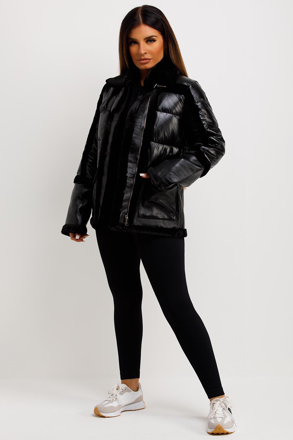 Faux Fur Trim Faux Suede Jacket Black