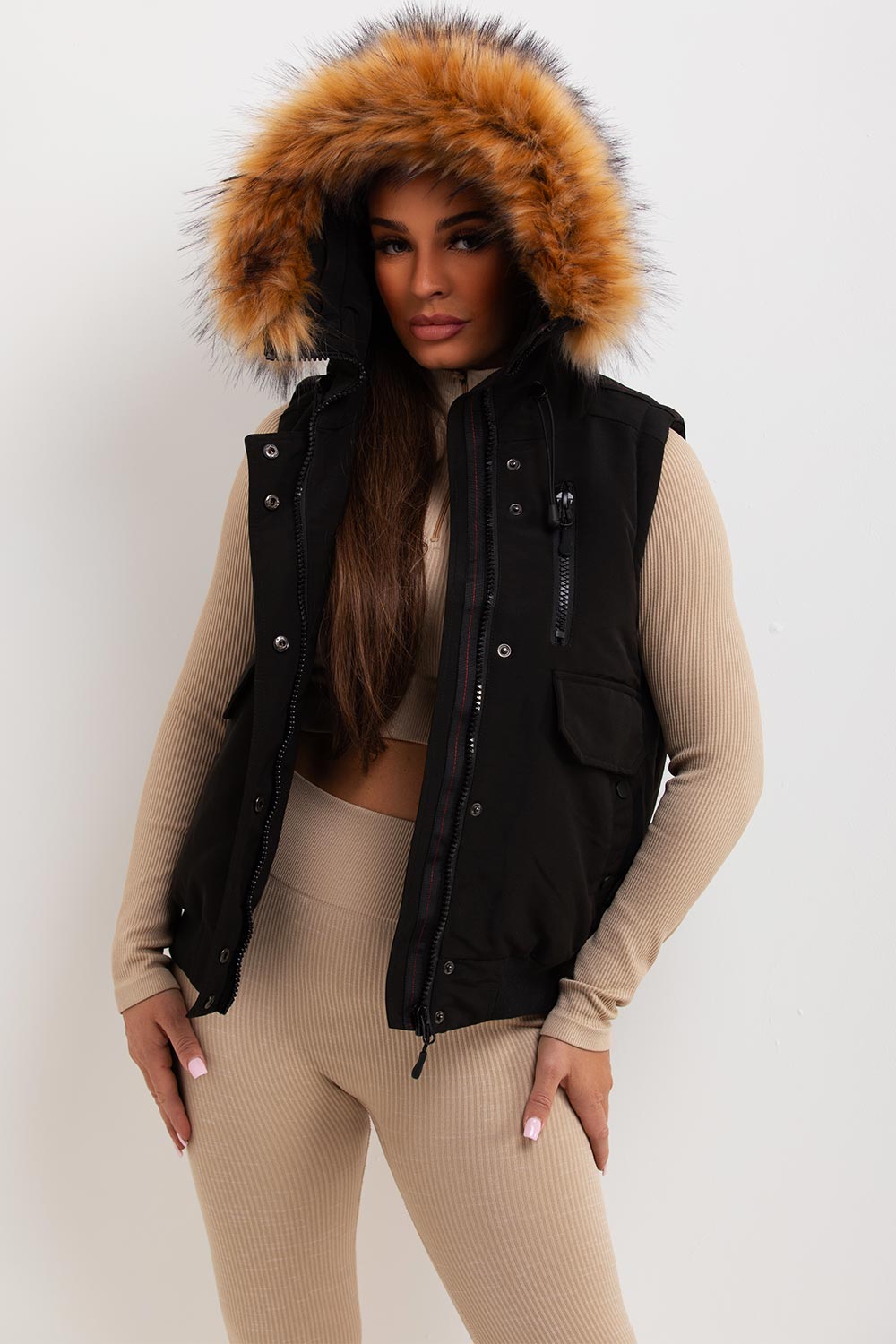 Black Gilet With Fur Hood