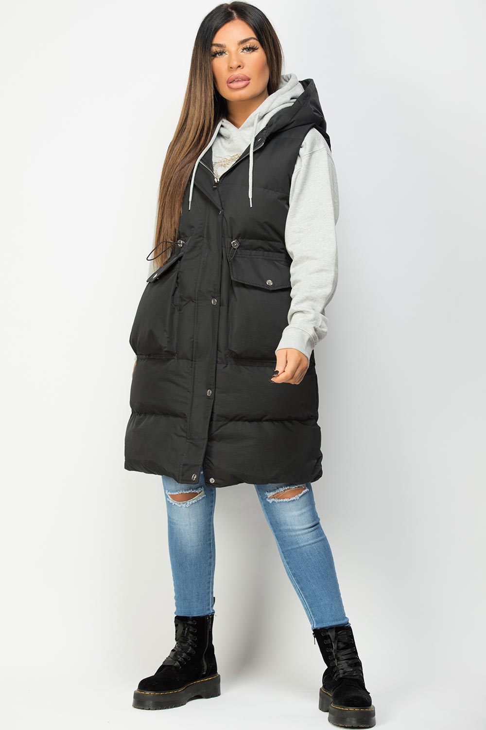 Black Padded Gilet With Drawstring Waist Longline