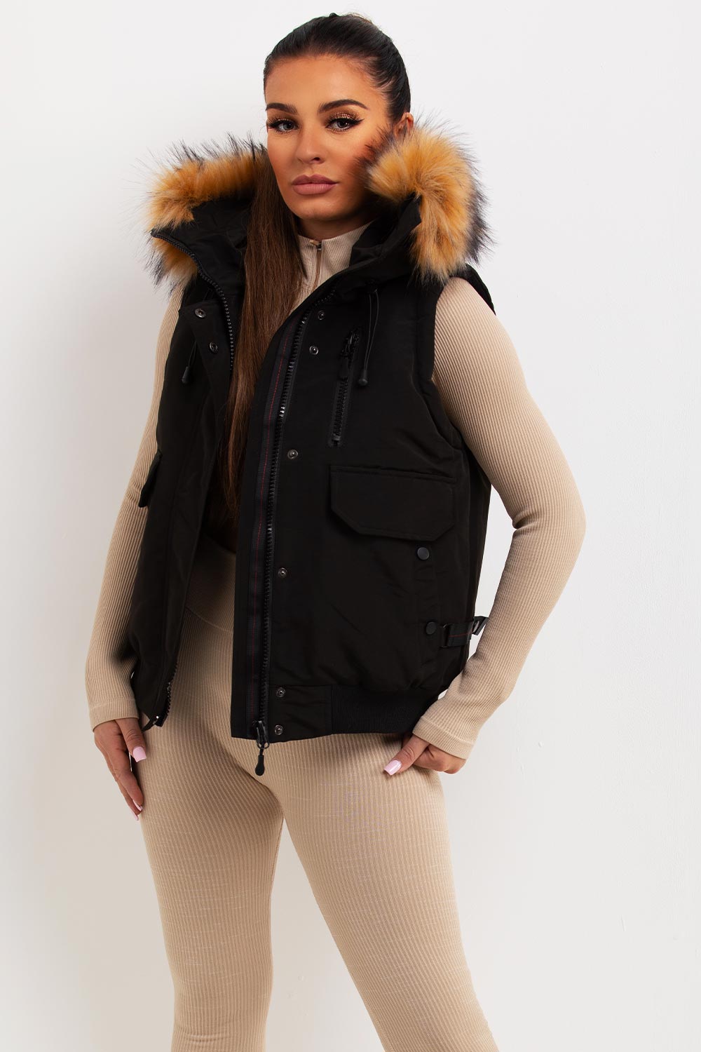 Black Gilet With Fur Hood