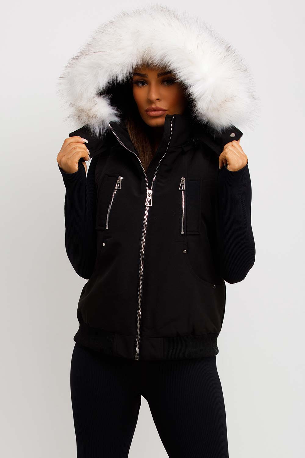 Black Gilet With Faux Fur Hood