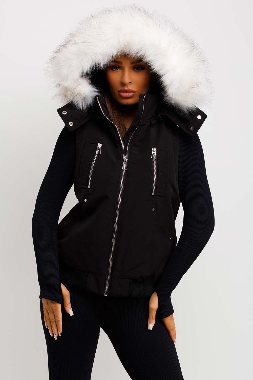 Black Gilet With Faux Fur Hood