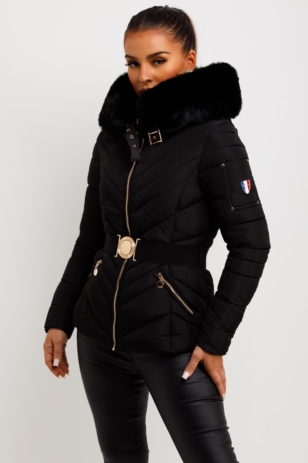 Puffer Jacket With Fur Hood And Belt Black