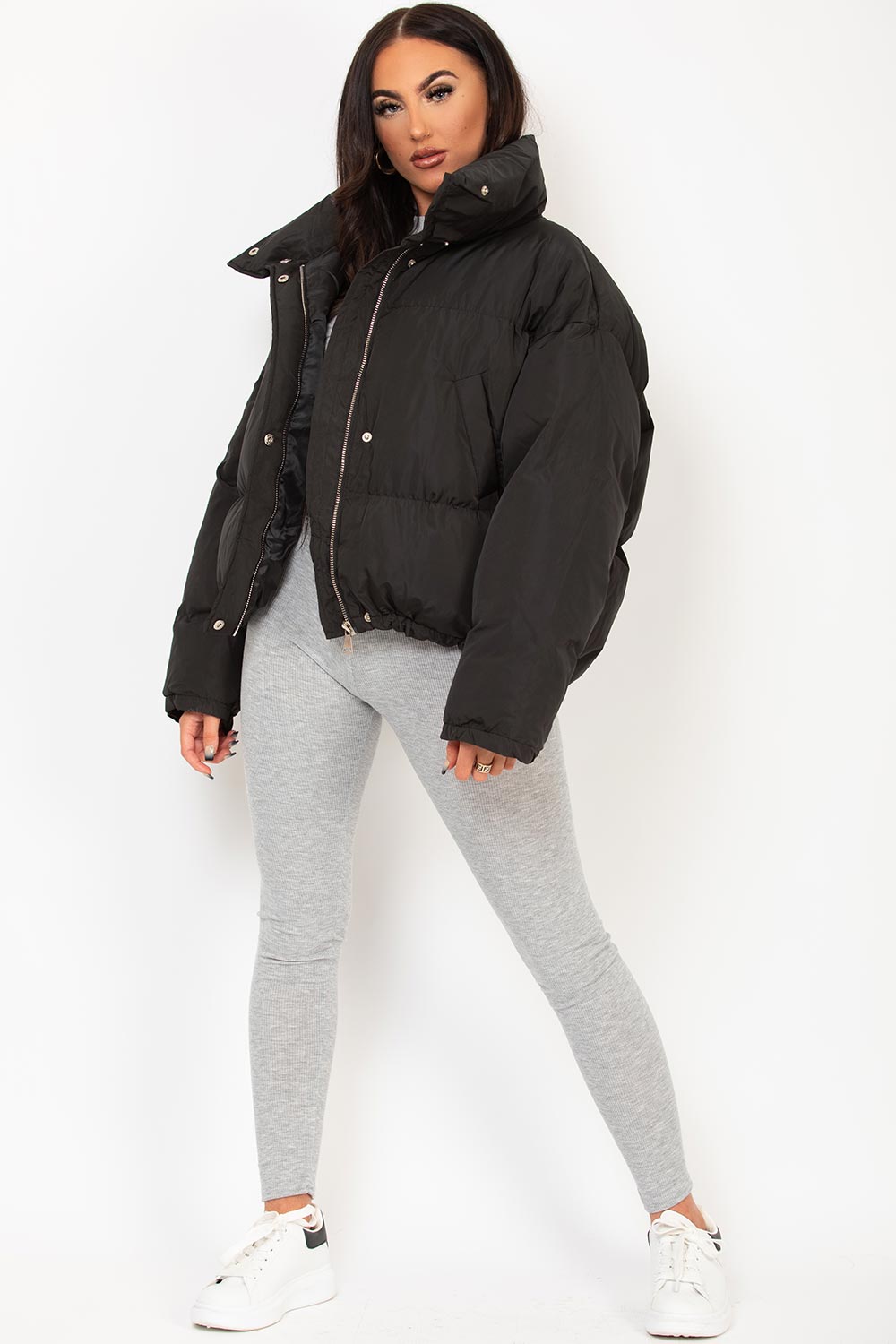 Black Puffer Jacket With Drawstring Hem