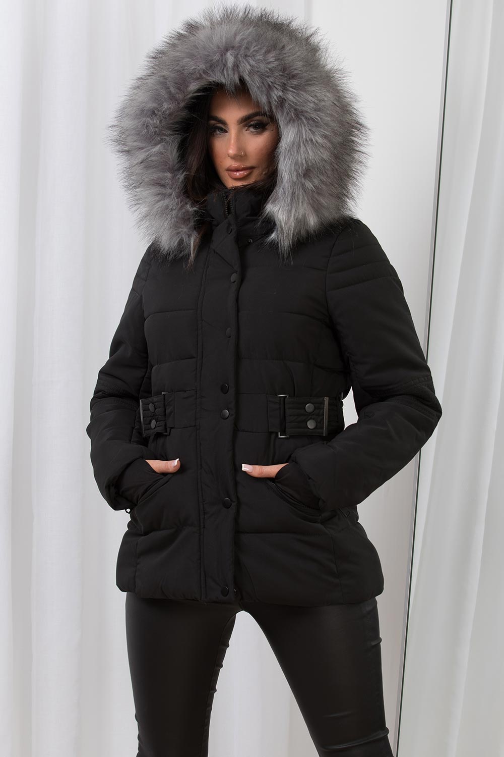 Faux Fur Hood Puffer Jacket With Buckle Belt Black