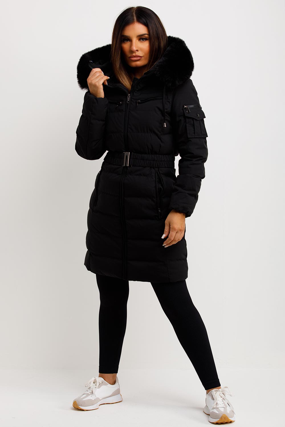 Long Puffer Coat With Fur Hood And Belt Black