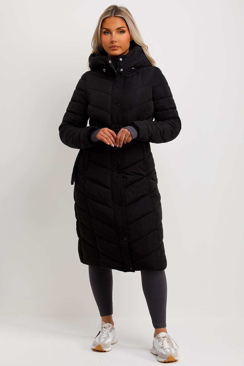 Long Padded Puffer Coat With Belt Black