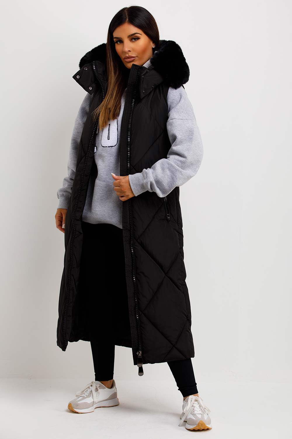 Black Long Puffer Gilet With Fur Hood