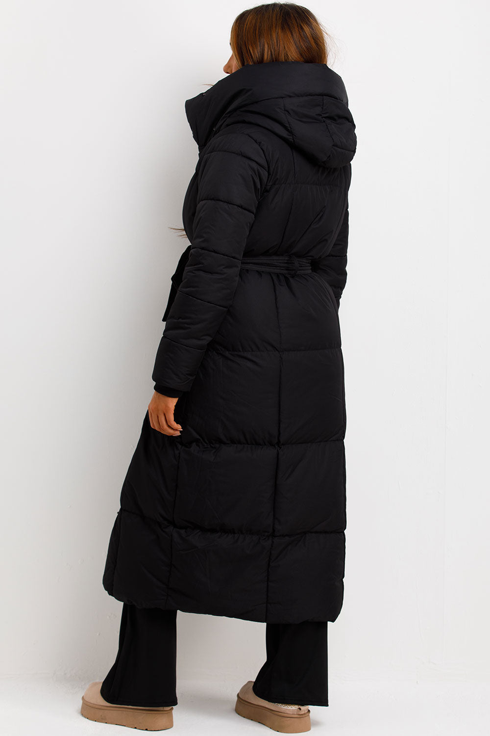 Long Puffer Coat With Hood And Belt Black