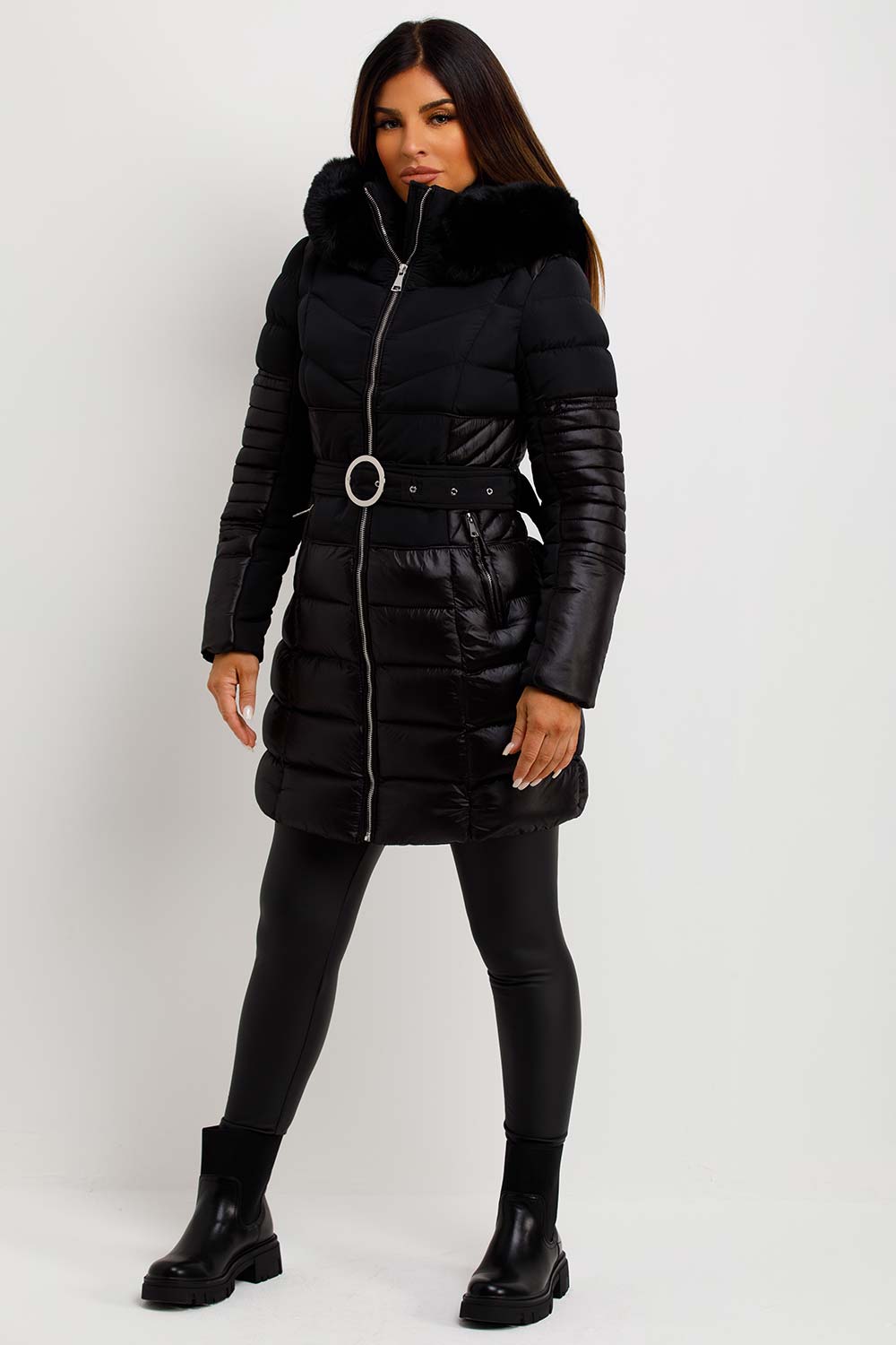 Puffer Coat With Fur Hood And Belt Black