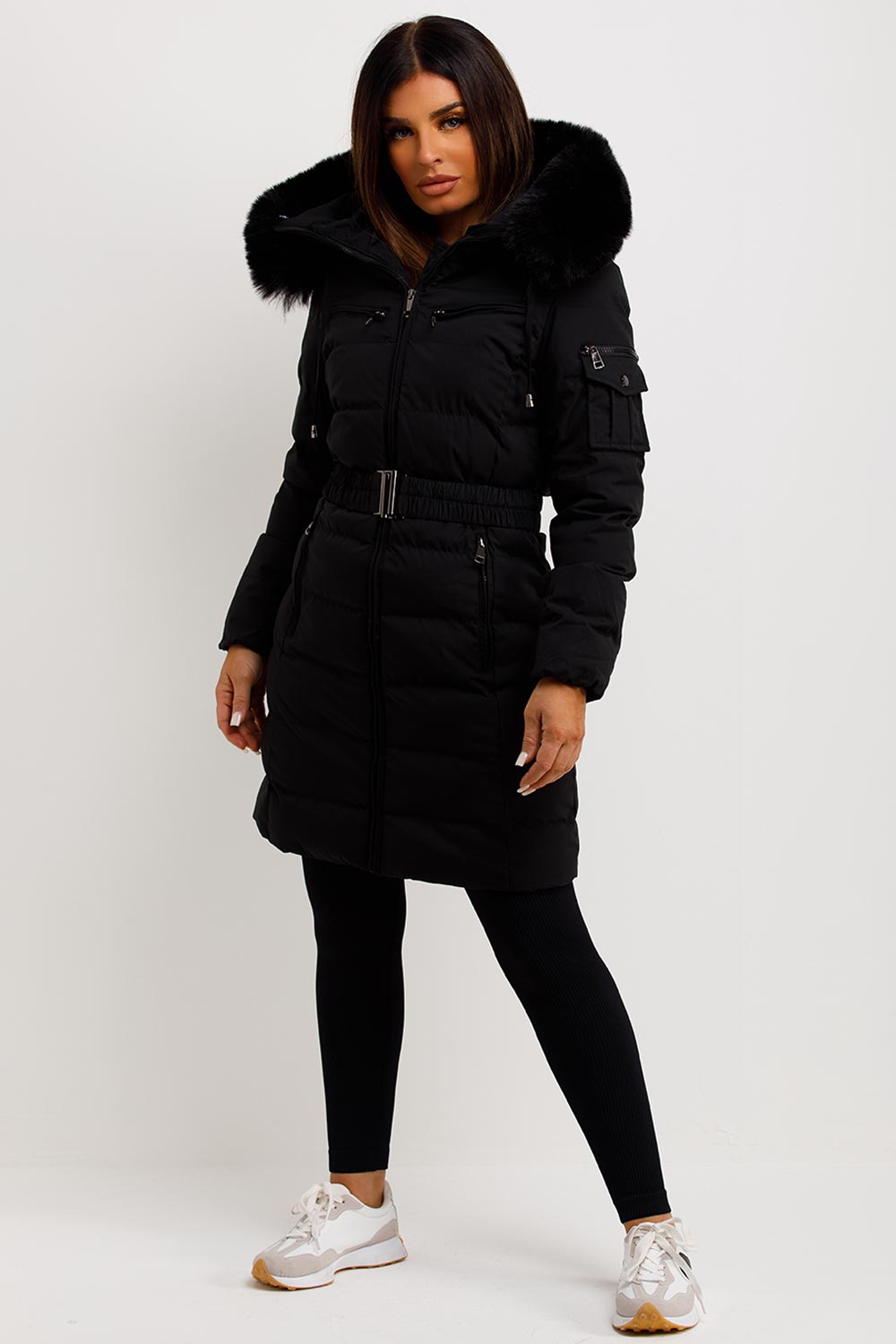 Long Puffer Coat With Fur Hood And Belt Black