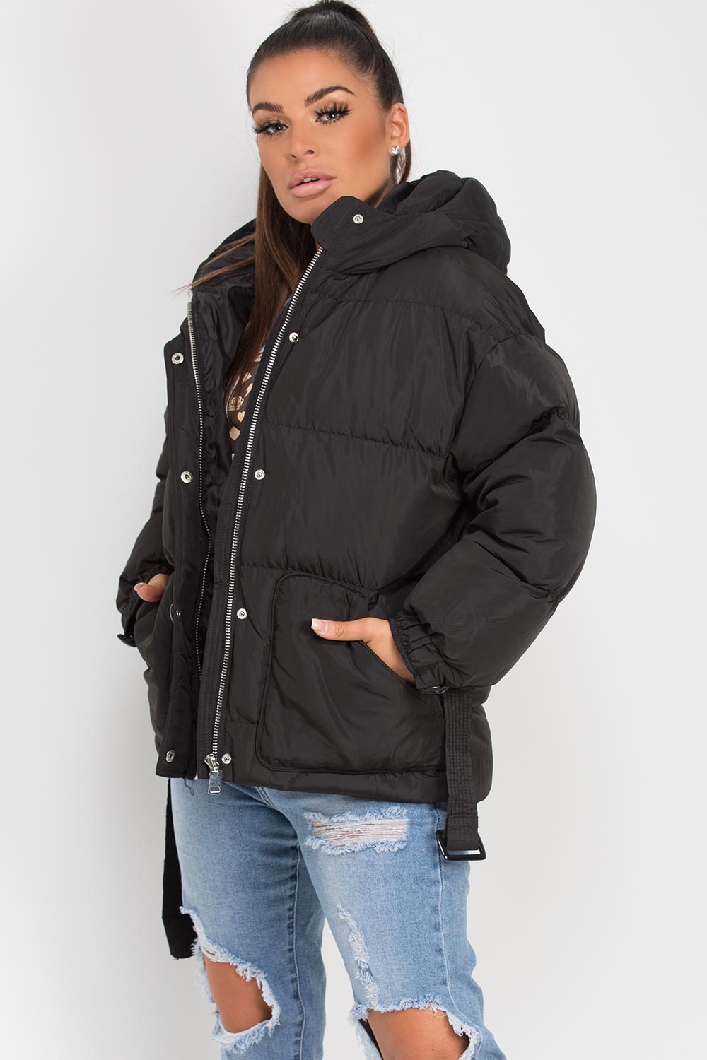 Black Puffer Padded Jacket With Belt