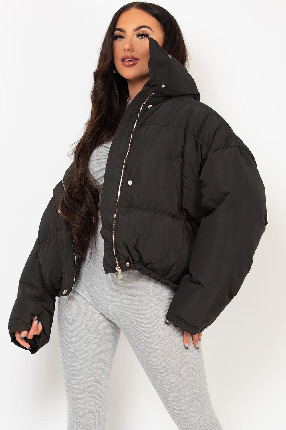 Black Puffer Jacket With Drawstring Hem