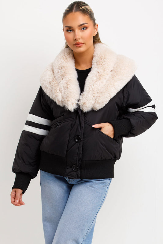 Aviator Bomber Jacket With Faux Fur And Stripe Detail Black