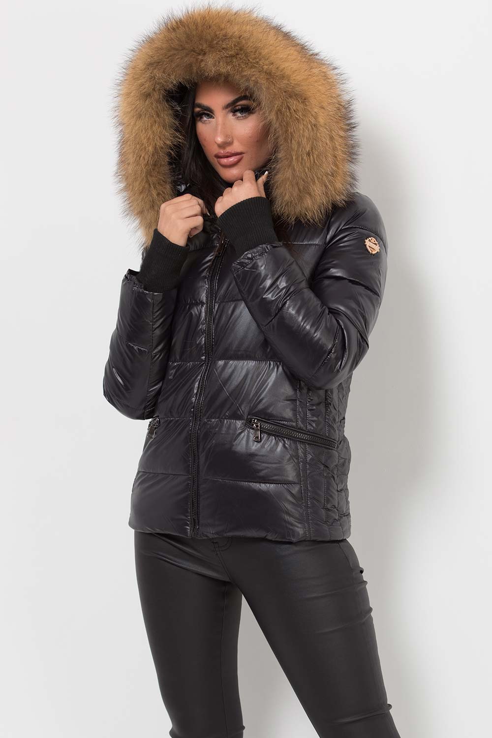 Black Puffer Jacket With Real Fur Hood