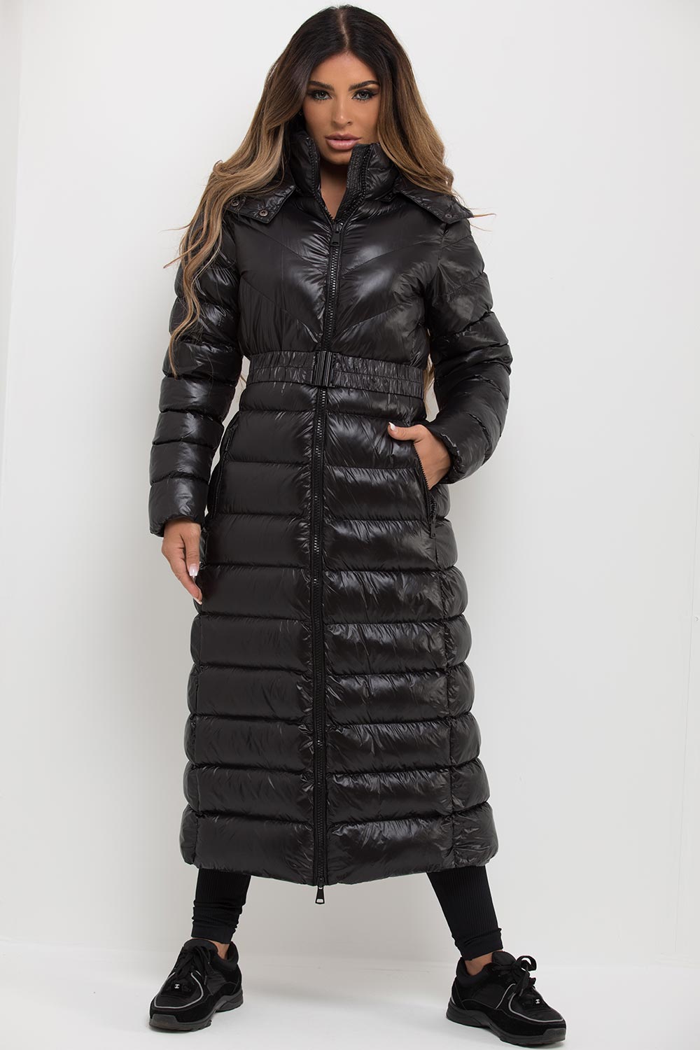 Black Longline Puffer Padded Jacket With Hood & Belt