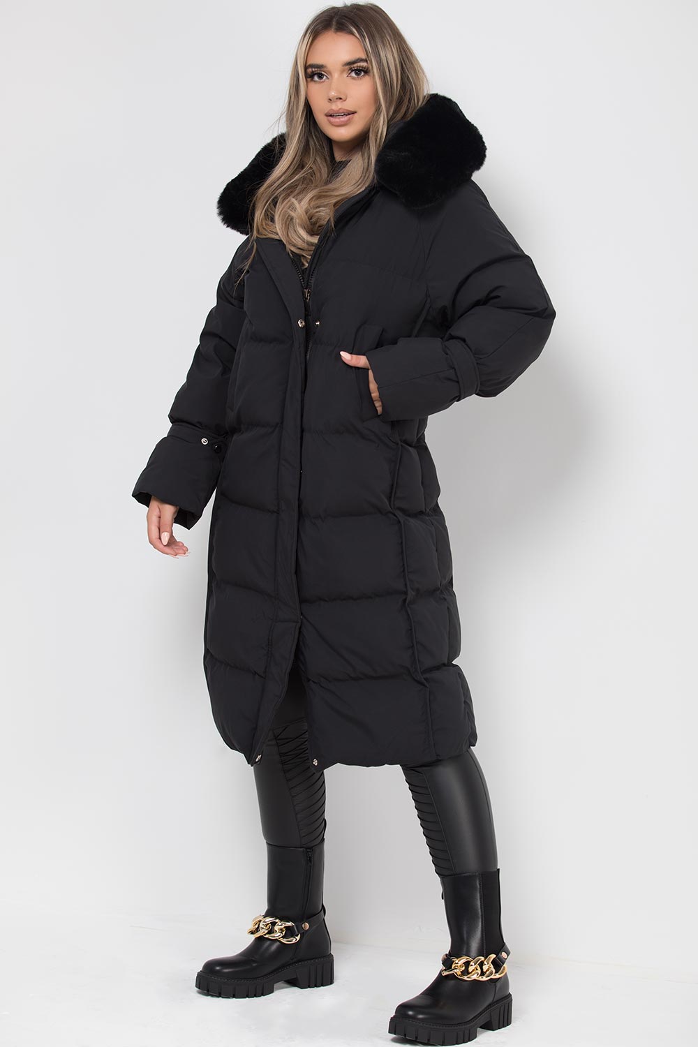 Long Puffer Down Coat With Faux Fur Hood Black