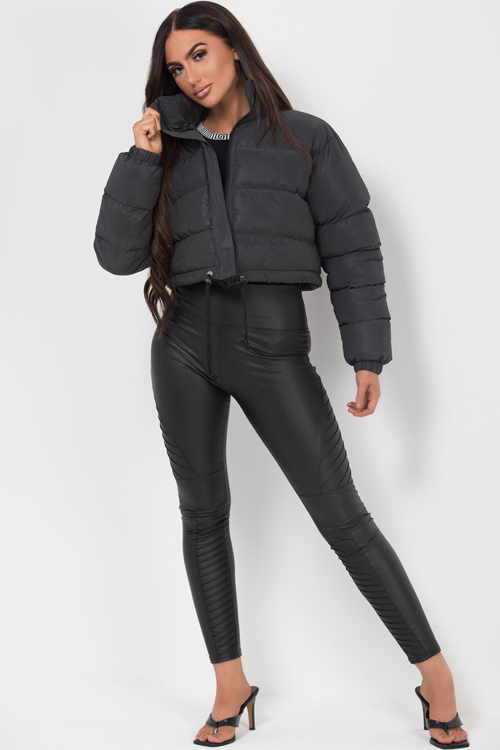 Crop Puffer Jacket Black Reflective