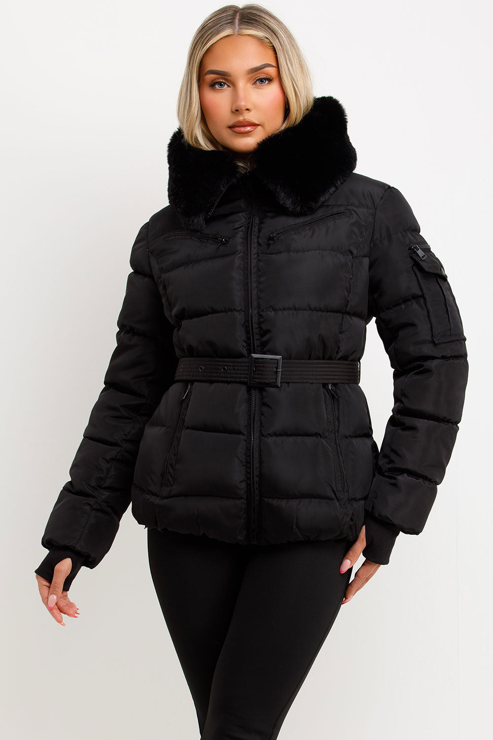 Black Faux Fur Hood Jacket With Belt