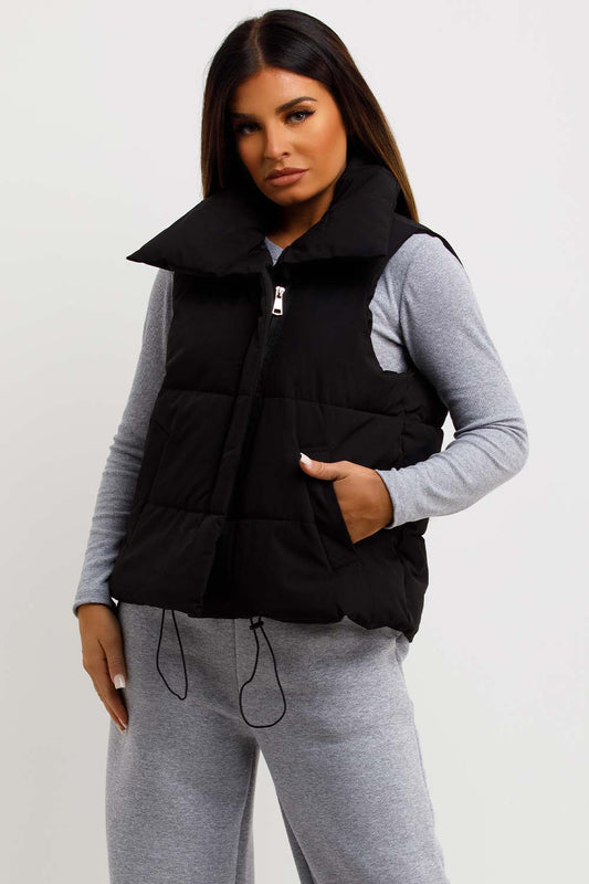 Black Puffer Duvet Gilet With Drawstrings