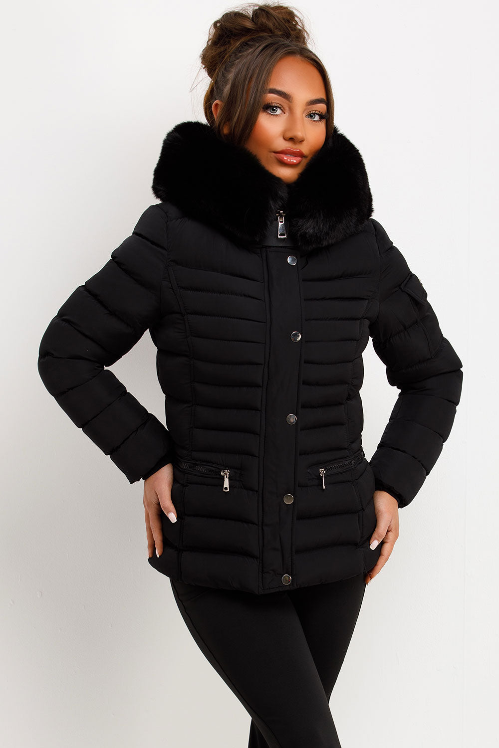 Puffer Jacket With Faux Fur Hood Side Buckle Detail Black