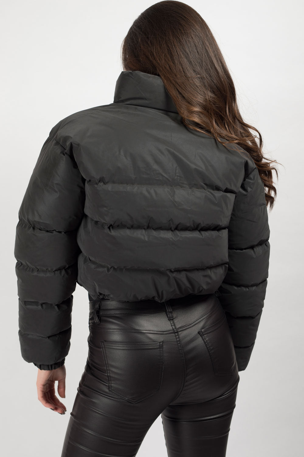 Black Padded Puffer Cropped Jacket Reflective