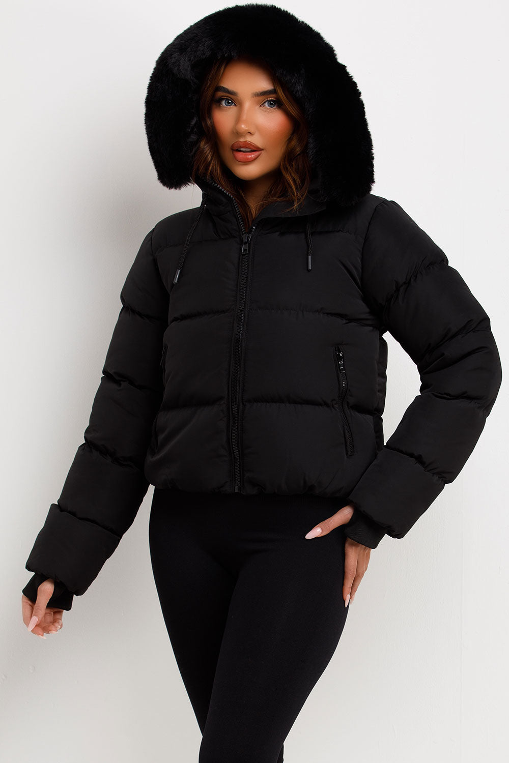 Black Puffer Jacket With Fur Hood