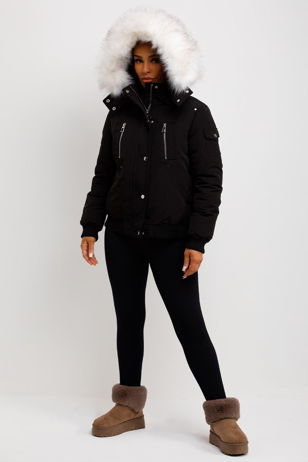 Canada Bomber Jacket With Faux Fur Hood Black