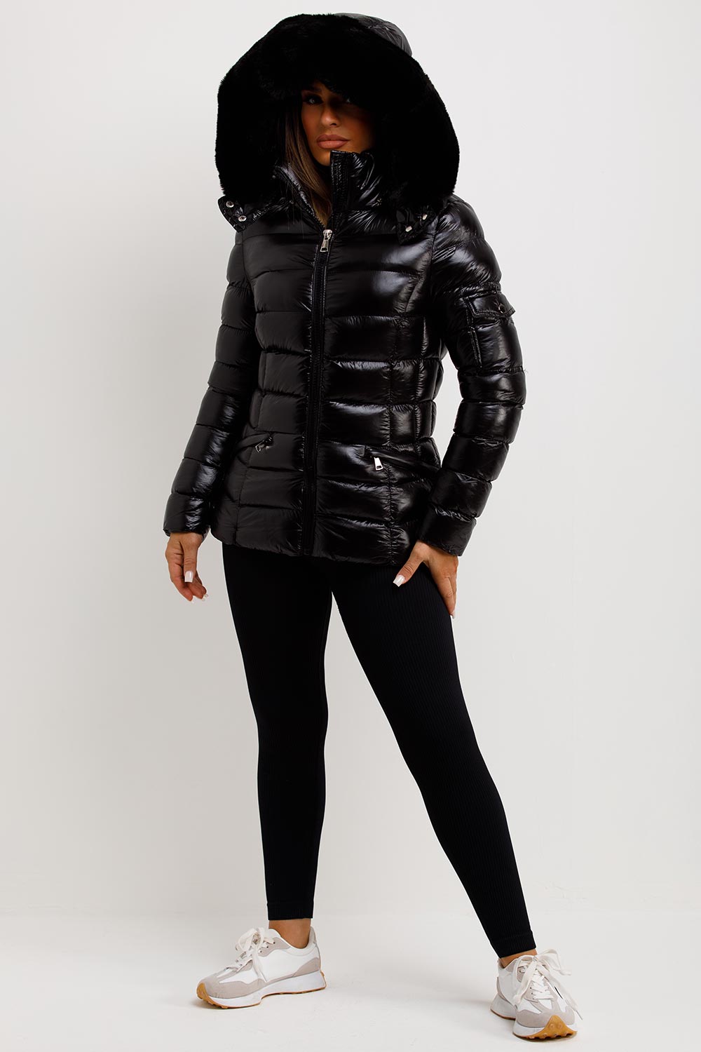 Black Shiny Puffer Jacket With Fur Hood