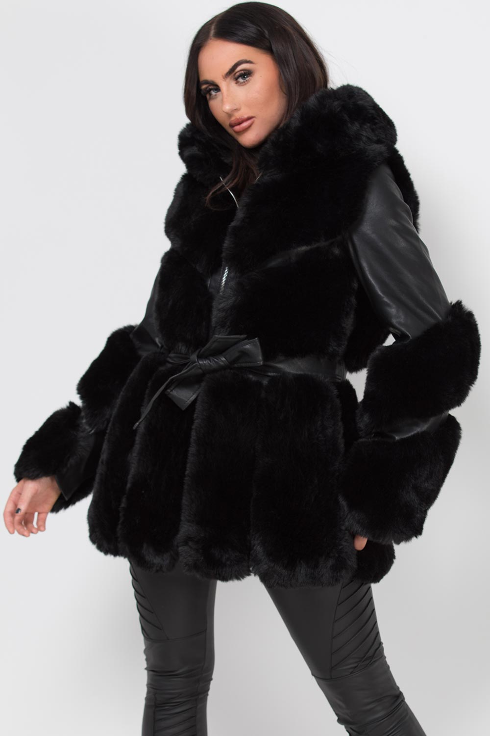 Faux Leather Faux Fur Panel Hooded Jacket With Belt Black