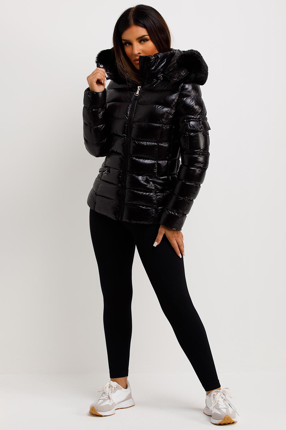 Black Shiny Puffer Jacket With Fur Hood