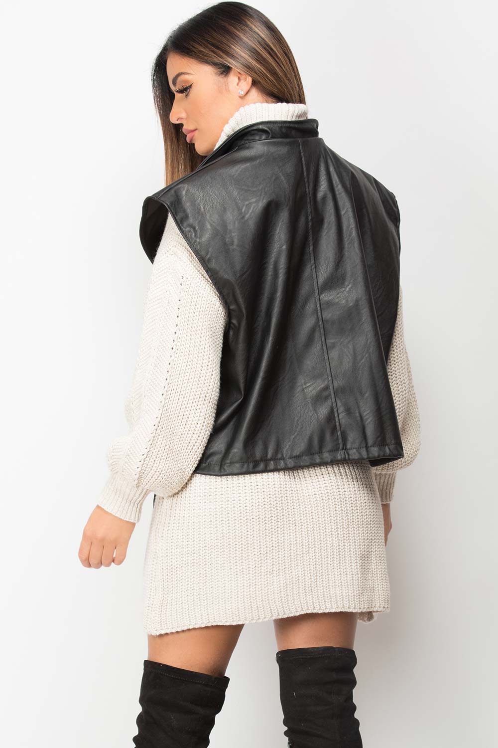 Black Faux Leather Sleeveless Jacket